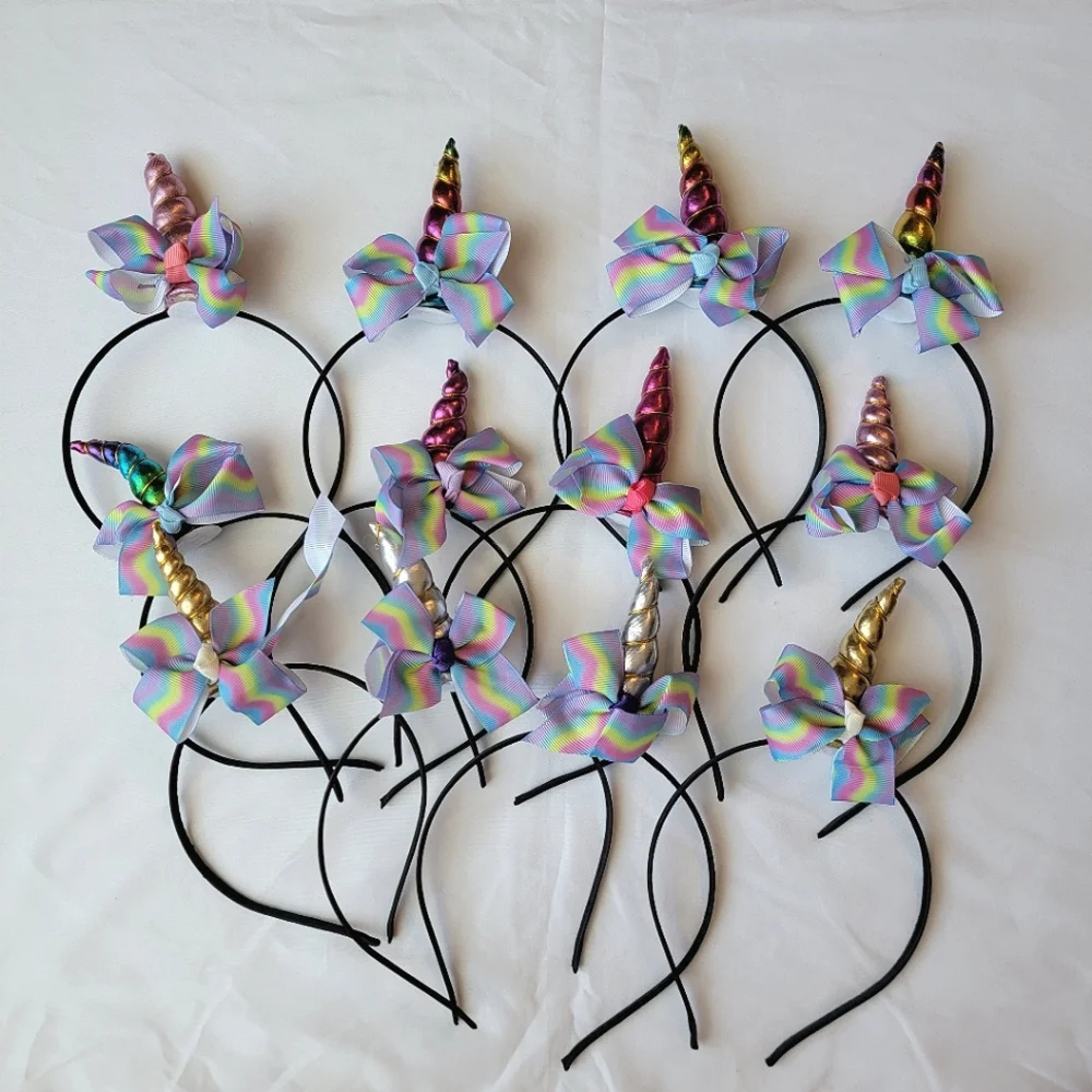 Pack of 12 Rainbow Unicorn Horn and Bow Headbands